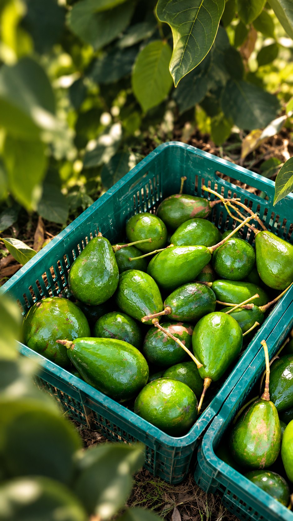 Cajas llenas de aguacates recién cosechados en Finca AVOC